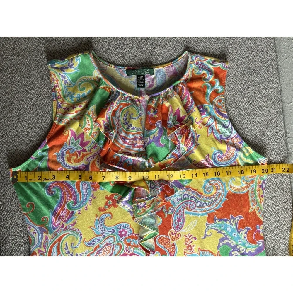 Lauren Ralph Lauren XL Paisley Ruffle Sleeveless Blouse Colorful Cotton Top - Picture 6 of 11